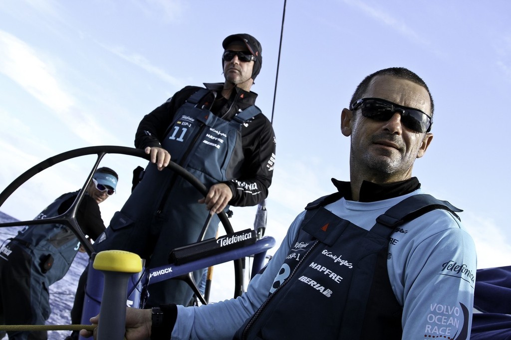 Neal McDonald from the UK helming and Jordi Calafat from Spain. Team Telefonica during leg 1 of the Volvo Ocean Race 2011-12 © Diego Fructuoso /Team Telefónica/Volvo Ocean Race http://www.volvooceanrace.com